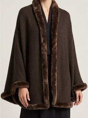 Cejon Chocolate Brown Faux-Fur Trim Knit Cape